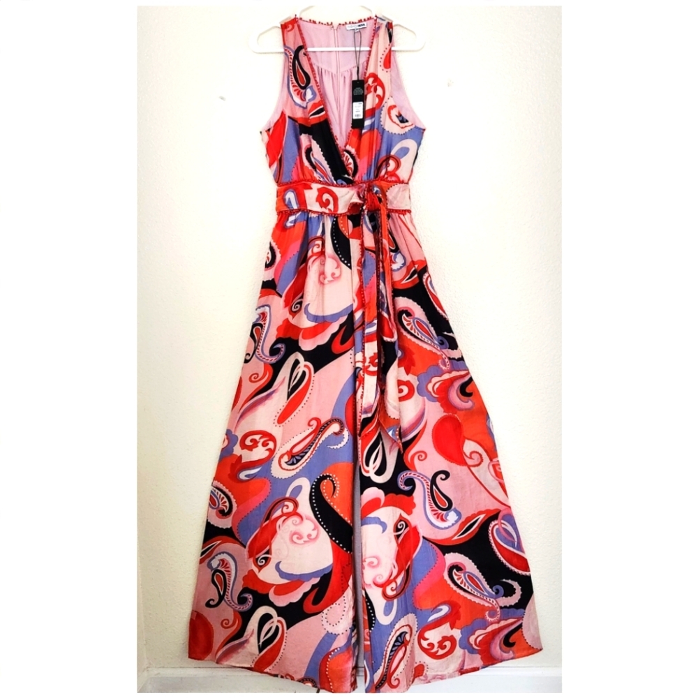 Palazzo Jumpsuit Romper Sleeveless Abstract Pattern Pink Orange Size M Tie